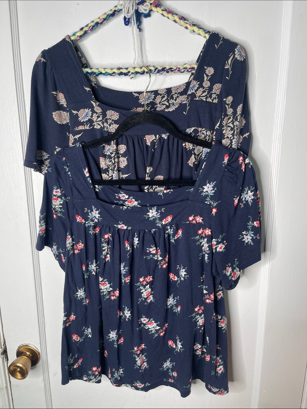 Lucky Peasant Tee Tops Large Bundle Navy Blue Floral Short Sleeve Square Neck